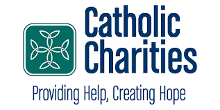 Catholic Charities Providing Help, Creating Hope in blue text with a teal green icon on the left of a rounded square with a leafy symmetrical illustration